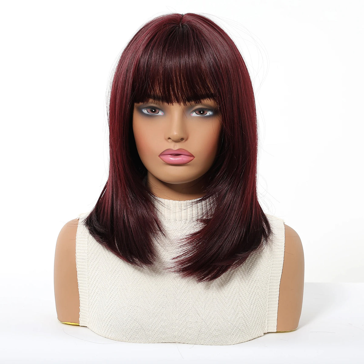 Halloween Wig TopShe Long Straight Wine Red Synthetic Wig with Bangs Heat Resistant Fiber Straight Bob wig for Woman Natural Looking Costume Party Cosplay Daily Wear Skin Friendly No Shedding No Tangles 170g Hot Sale
