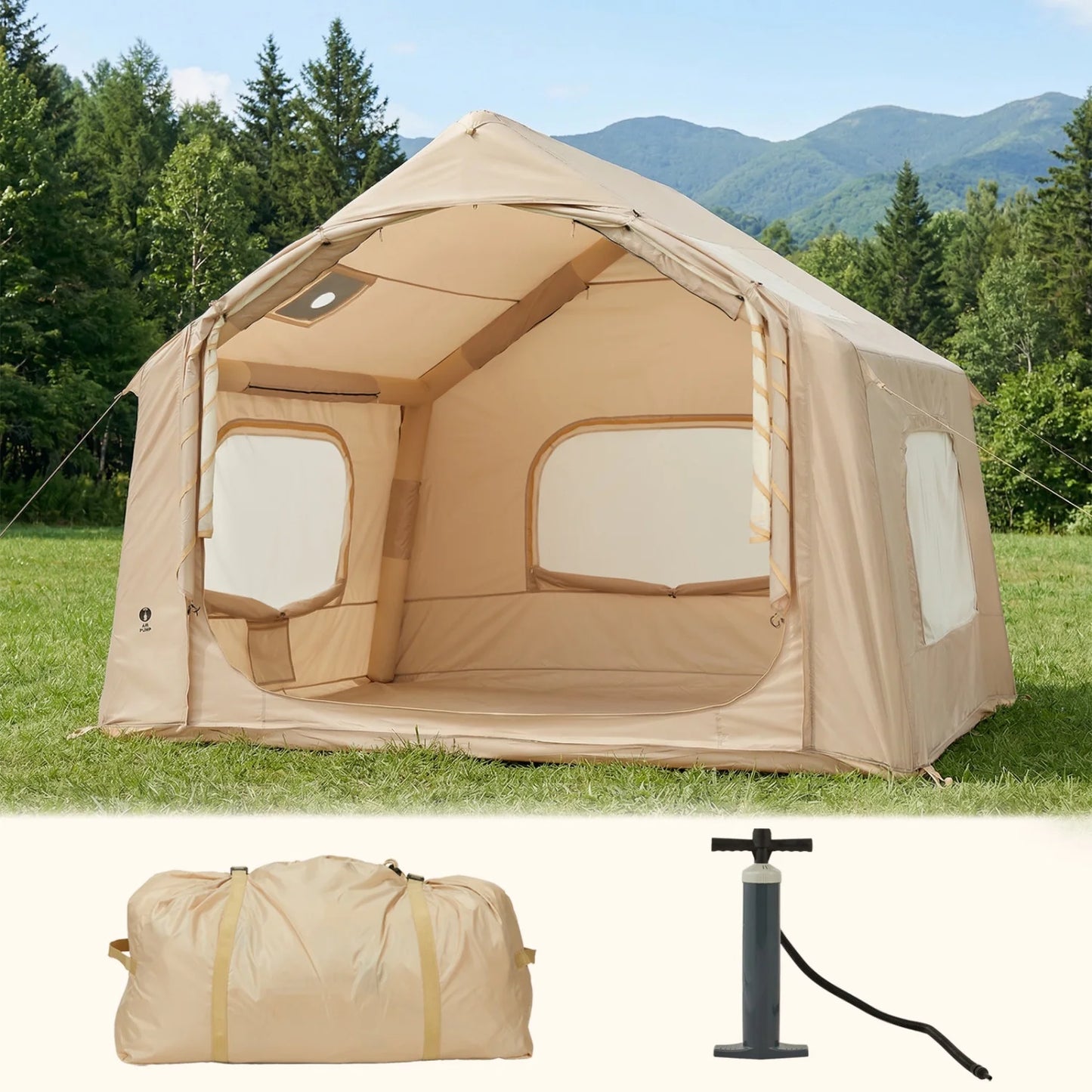 Large Inflatable Camping Tent for 4-6 Adults - 8 Square Outdoor Shelter with Hand Pump - Quick Setup, Weather-Resistant