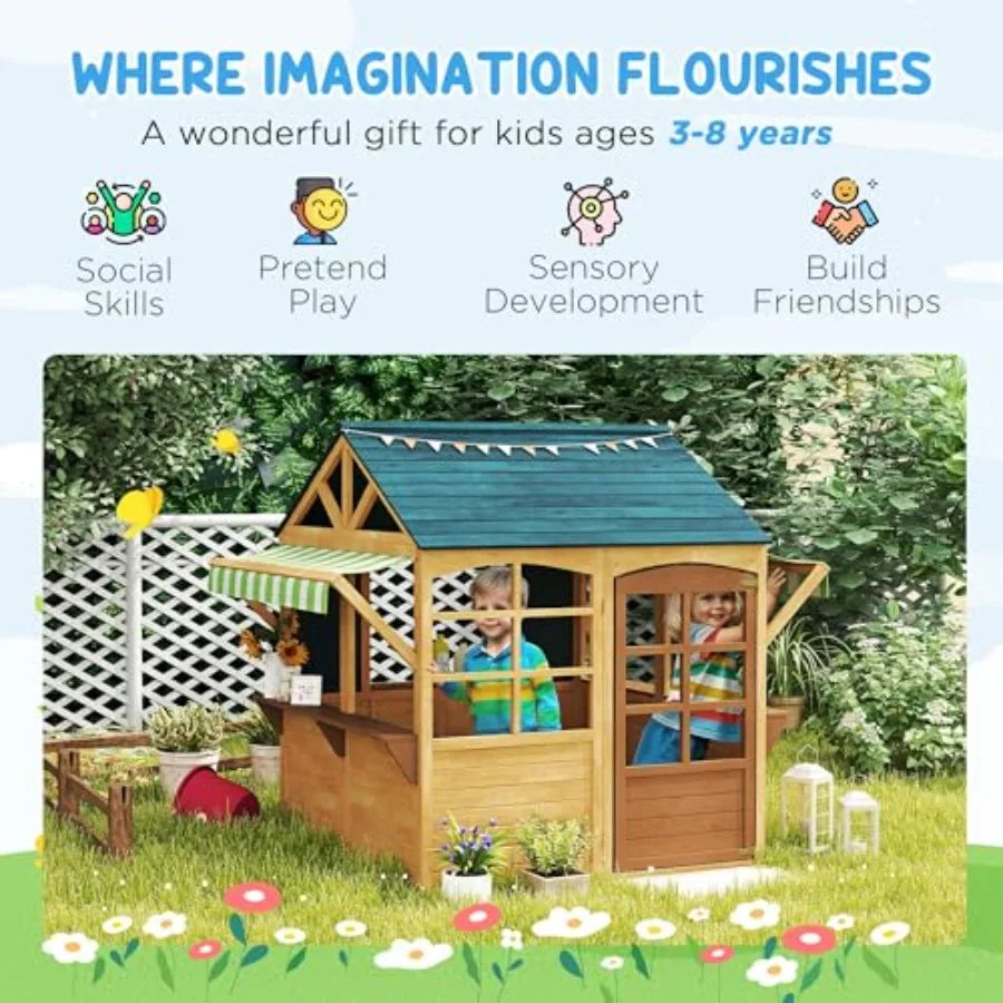 Foldable Outdoor Playhouse For Kids 3-8 Years, Brown Wood, Waterproof Covers And Blackboards, Working Door And Snack Bars