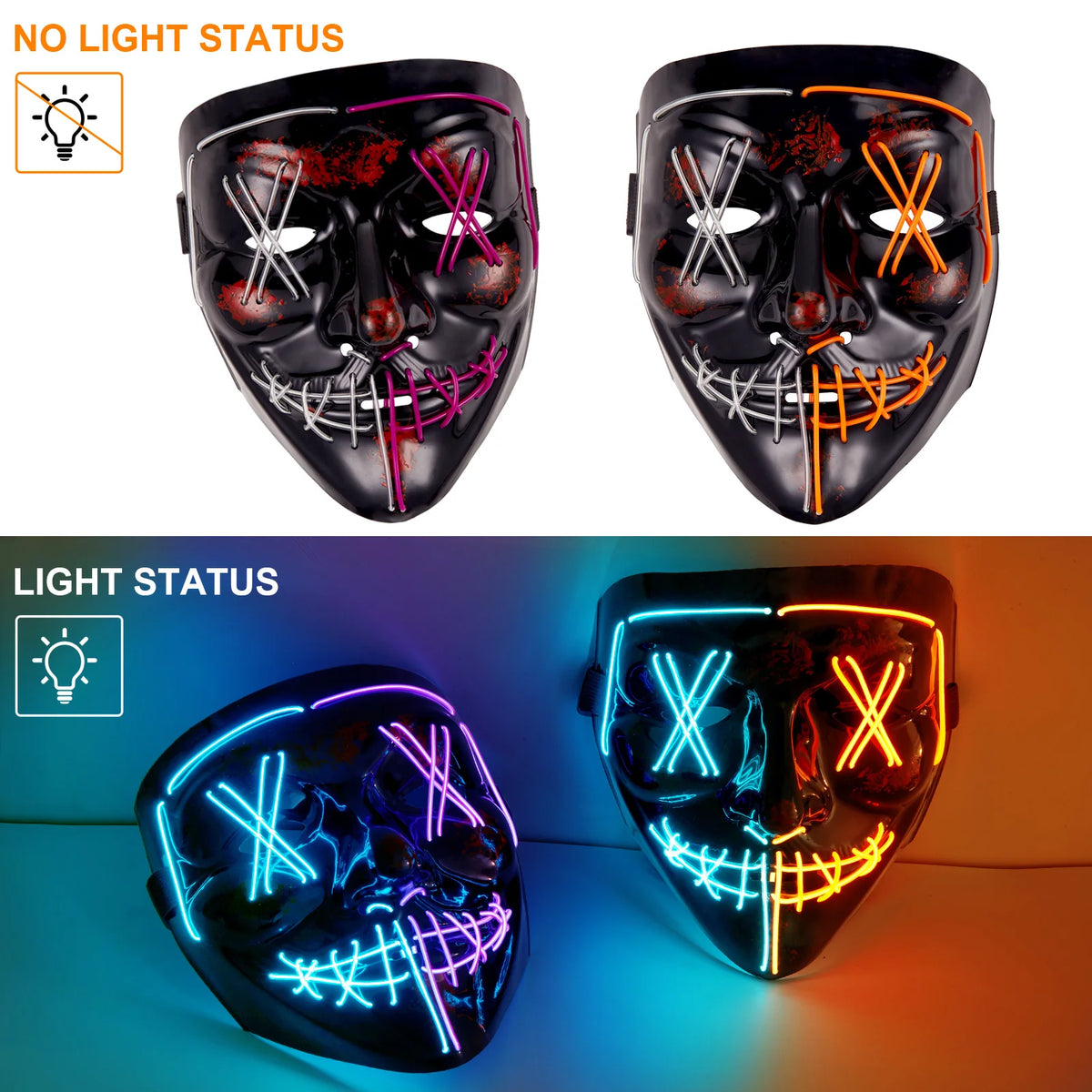 2-Pack LED Light-Up Purge Costume Masks, 3 Lighting Modes, Neon Glow Scary Face Masks for Halloween Cosplay & Masquerade Parties - Ice Blue + Blue/Red