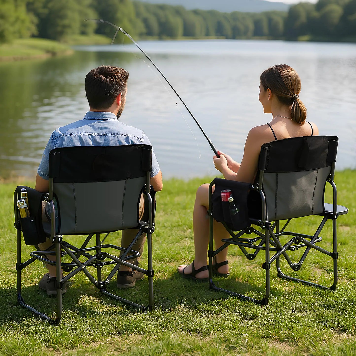 1 PCS Heavy Duty Oversized Directors Camping Chairs for Adults, 400lb Portable Folding Outdoor Lawn Chair with Side Table, Pocket & High Back, Ideal for Beach, Fishing, Picnic - Black