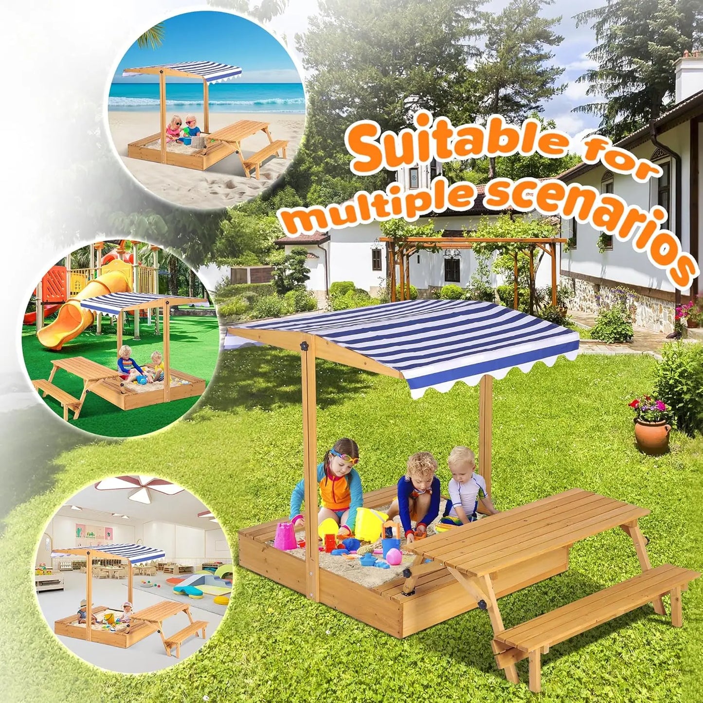 Kids Sandbox with Lid, Outdoor Wooden Sand Boxes with Kids Picnic Table, Sandpit with Cover Canopy, Toddler Outdoor Playhouse with Canopy
