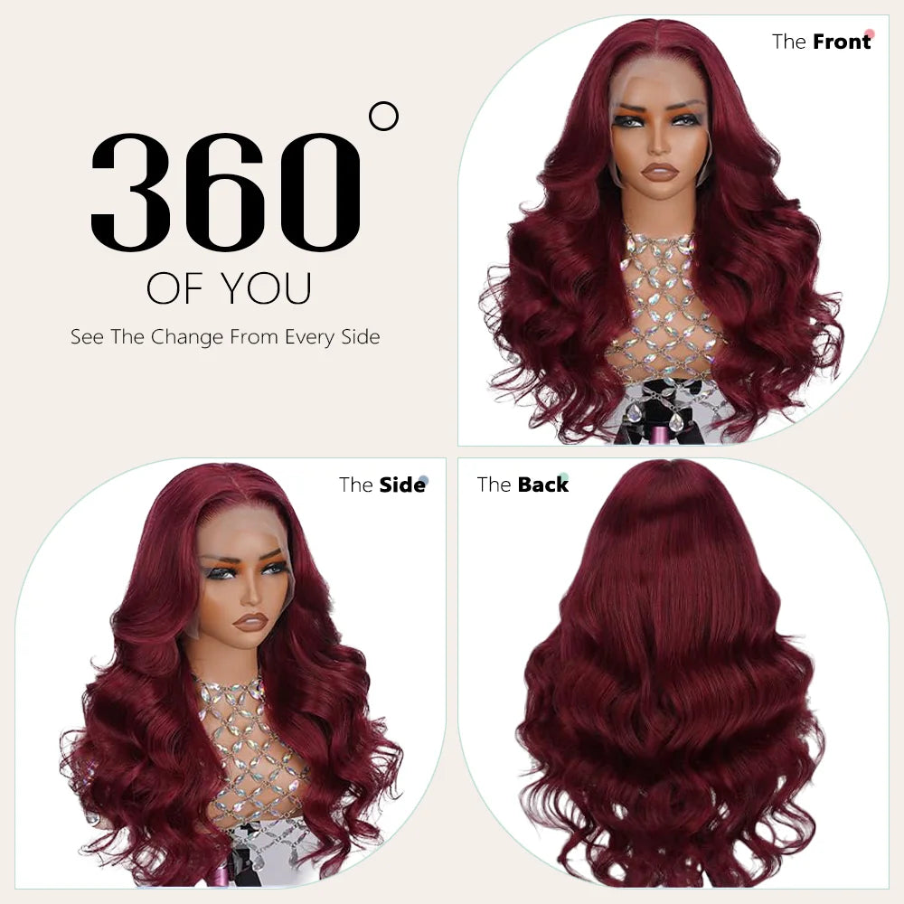 Halloween Wig Long Anime Cosplay Body Wave Wine Red Burgundy 99J Human Hair Wigs 200% Density 40 Inches 13x6 13x4 HD Transparent Lace Frontal Wig Brazilian Hair For Women Pre Plucked