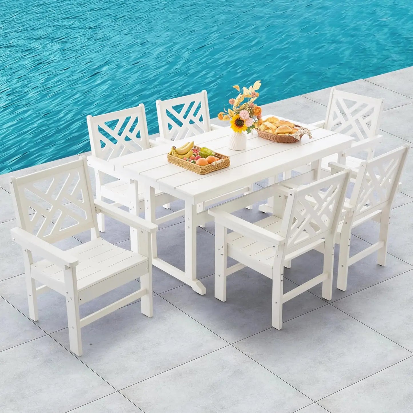 HDPE 7-Piece Outdoor Dining Set with 62.5" Table Umbrella Hole 6 Chairs Weatherproof Gray Customized