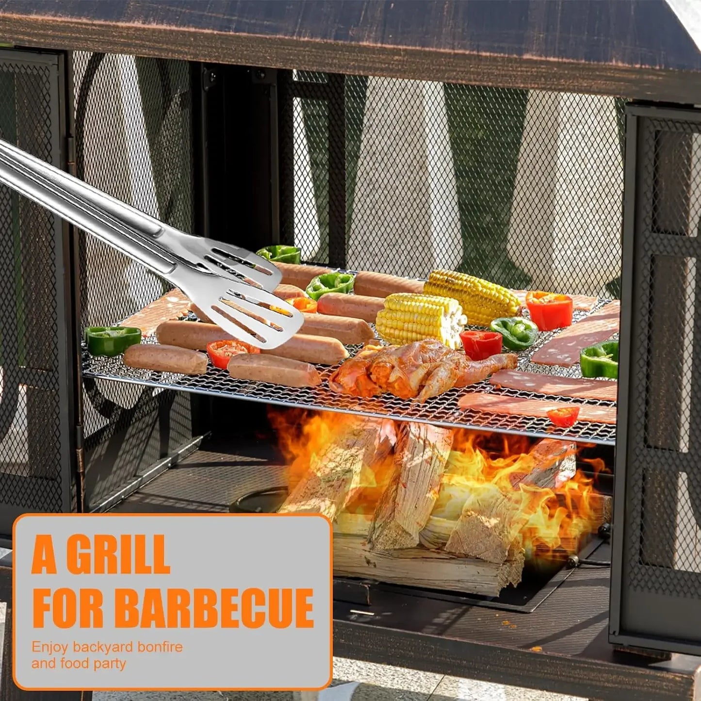 45" H×31''W Metal Chiminea Fire Pit with Grill, Wood Burning Fire Pits for Outside,Square Chimineas Fireplace with Mesh Spark Screen