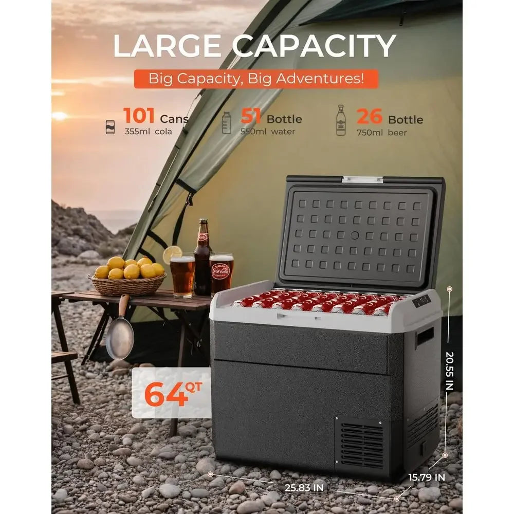 12 Rerigerator, 64 Quart Electric Cooler, Car ridge 12V/24V DC 100~240V AC, Portable reezer -4℉~68℉, APP Control, Portable 12V R