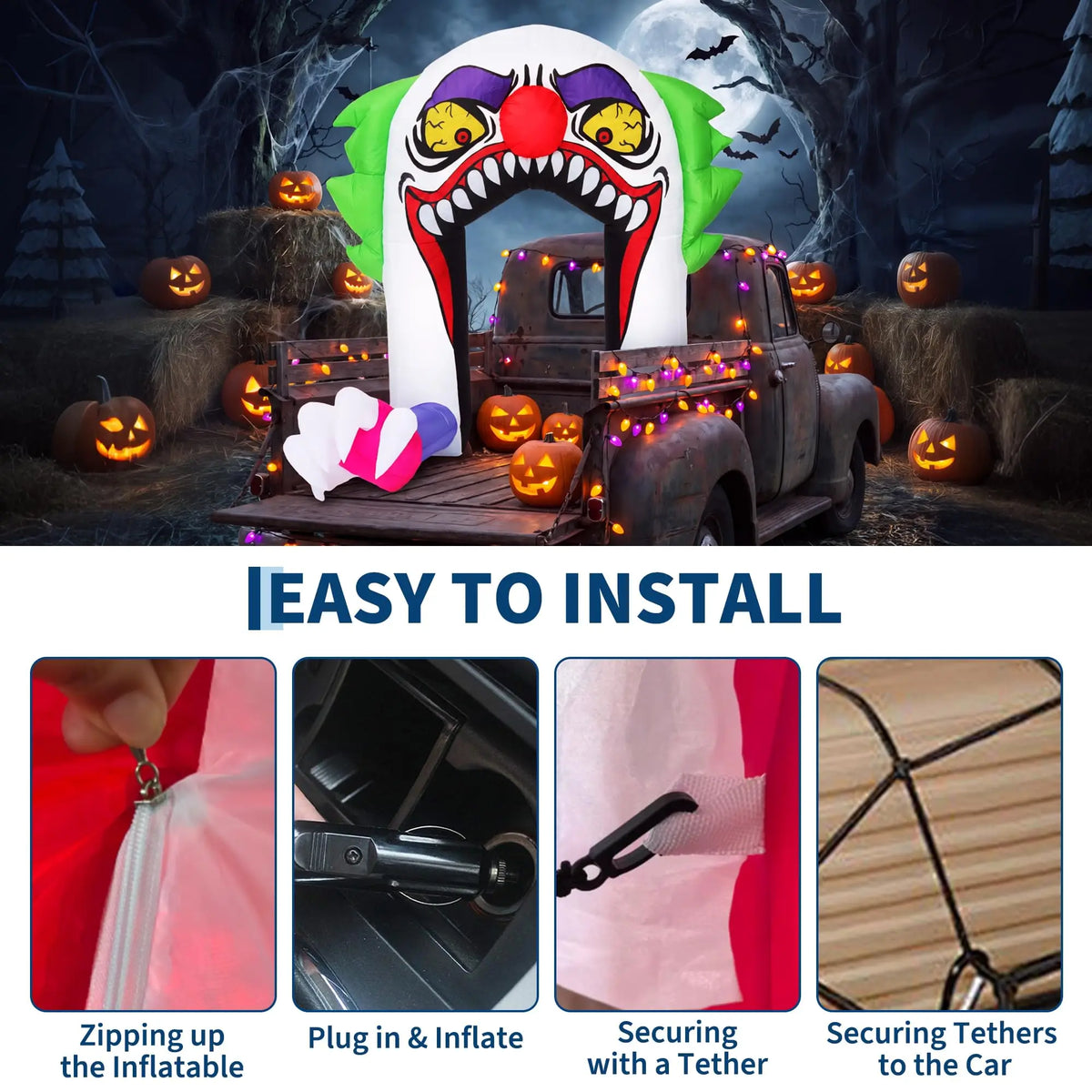 5ft Halloween Inflatable Clown Arch For Trunk Or Treat Car Decorations With Led Lights Built-In Blower Outdoor Yard Lawn Party