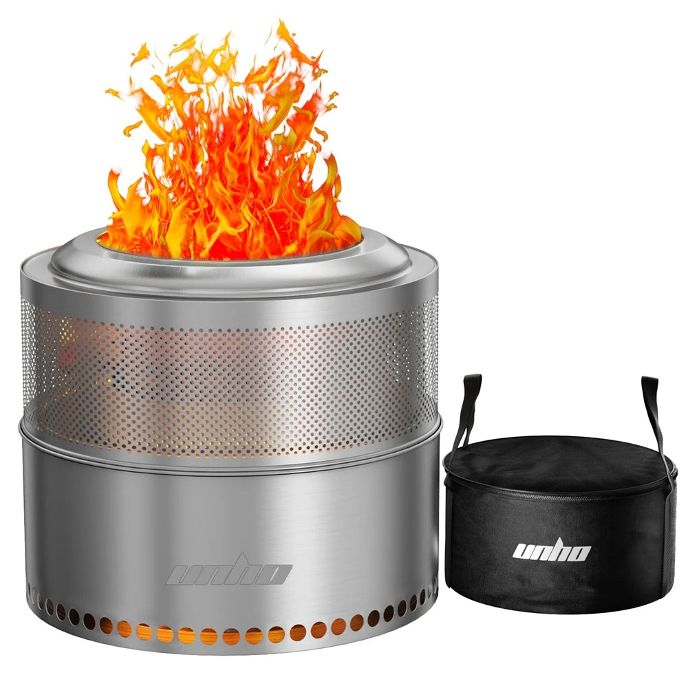 UNHO 19 Inch Smokeless Fire Pit for Outdoor Wood Burning,  Portable 304 Stainless Steel Camping Stove , Perforated  Fireplace
