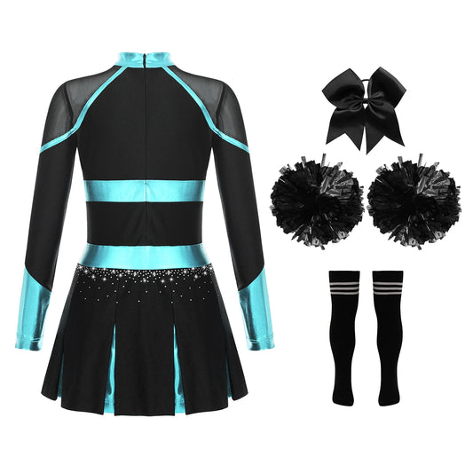 Cheerleader Costume for Girls Cheerleading Outfits Cheer Uniform Pompoms Cosplay Suit for School Stage Performance Dance Party