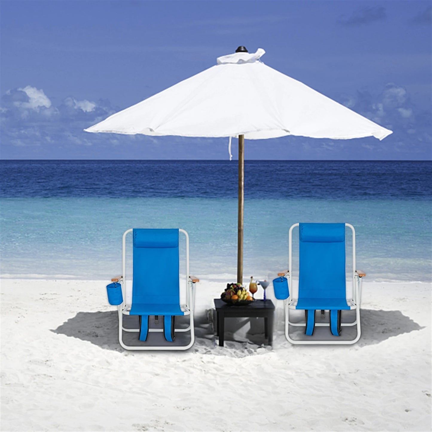 Portable High Strength Beach Chair with Adjustable Headrest Foldable Outdoor Camping Chair 600D Fabric Cup Holder Heavy Blue