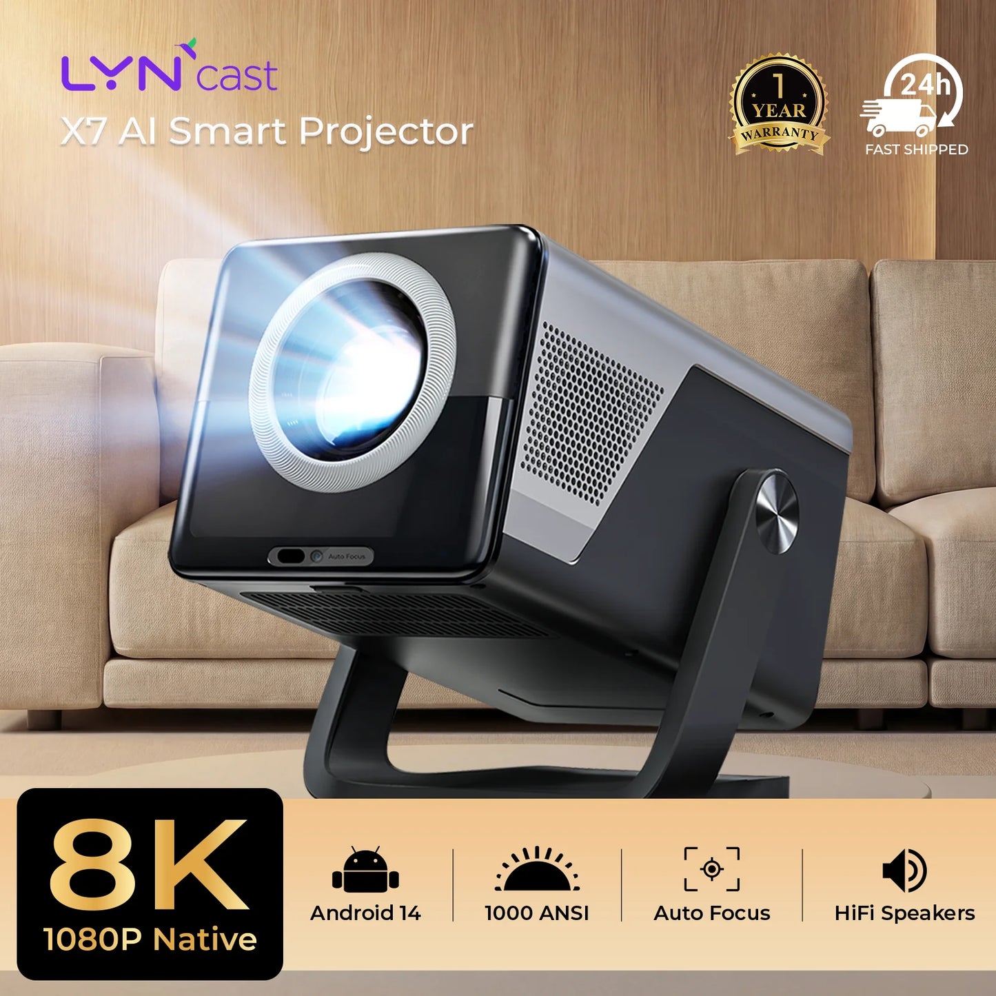 X7 Native 1080P Smart Projector Native 8K 4K Decoding/1000 ANSI/ with Android 14 OS, Compatible with Netflix YouTube, Auto Focus