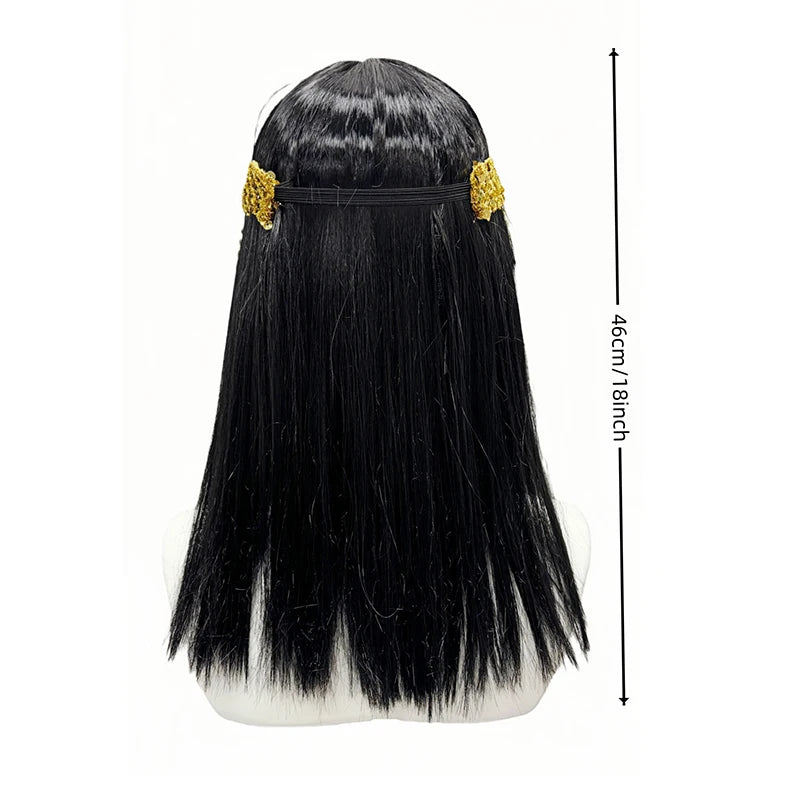 Black Cleopatra Wig Synthetic Straight Bangs Egyptian Queen Costume Wig Gold Snake Headband Bead Chains Halloween Cosplay Party