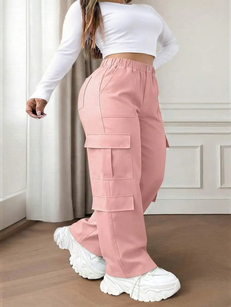 Olive Green Button Pocket Elegant Casual Commute Minimalist Cute Y2K Loose Straight Leg Non-Stretch Lightweight Plus Size Cargo