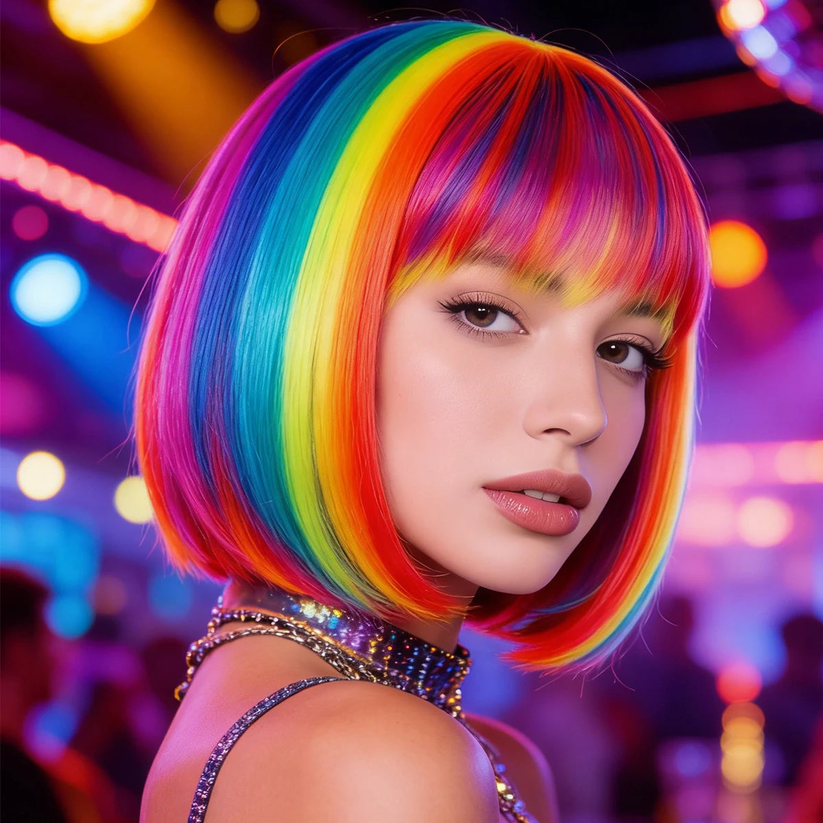 Rainbow Bob Wig Synthetic Short Straight Bangs Multi Color Cosplay Costume Wig Halloween Party Carnival Pride Parade Anime