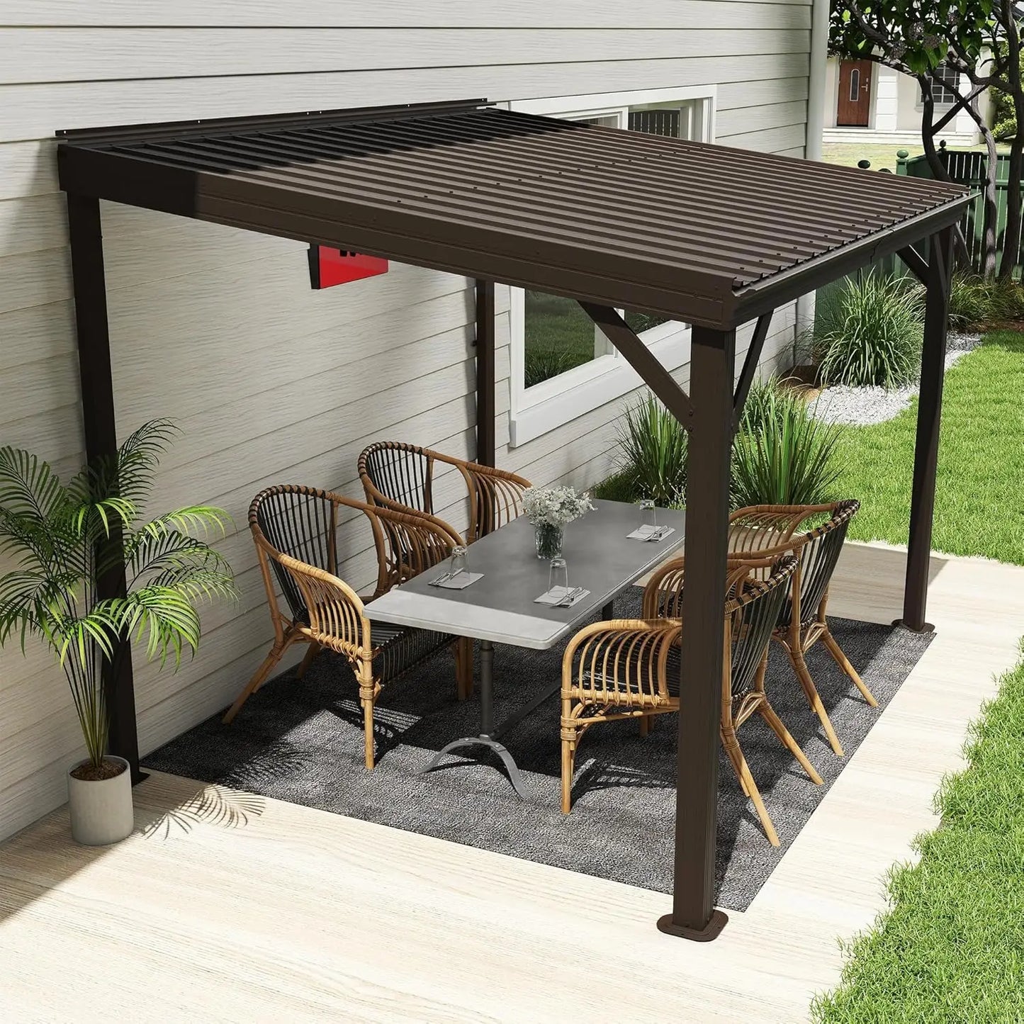 8x10 Wall Mounted Hardtop Gazebo Pergola Gutters Galvanized Steel Roof 60MPH Wind Resistance Outdoor Metal Awning Patio Custom