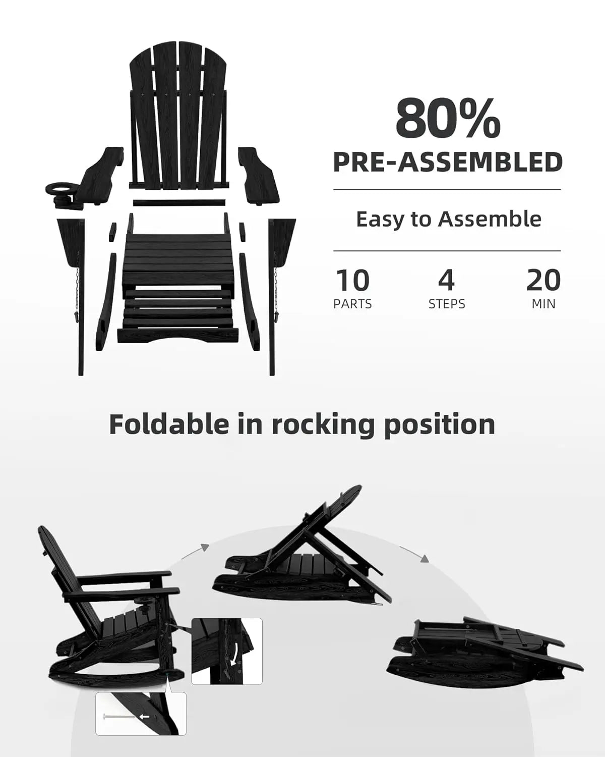 Folding Adirondack Rocking Chair Set of 2,4-in-1 Multifunctional Patio Chairs with Retractable Ottoman, Outdoor, Customized