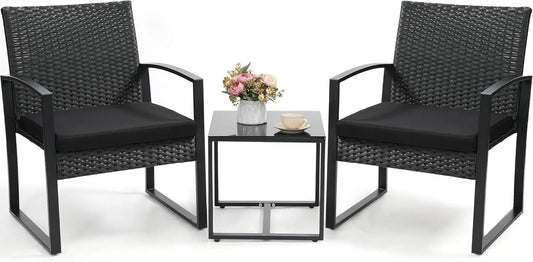 Black Frame Black Cushion 3 Piece Rattan Patio Bistro Set With Coffee Table For Balcony Porch Garden Yard Poolside