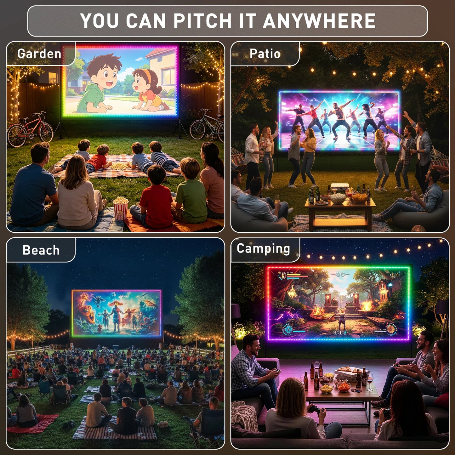 LED Projector Screen with Stand for Sports Events & Football Match, 150 inch 16:9 4K HD Portable Outdoor Movie Screen, Wrinkle-Free Foldable Indoor Projection Screen with Carry Bag & Ground Nails for Backyard Cinema Home Thea