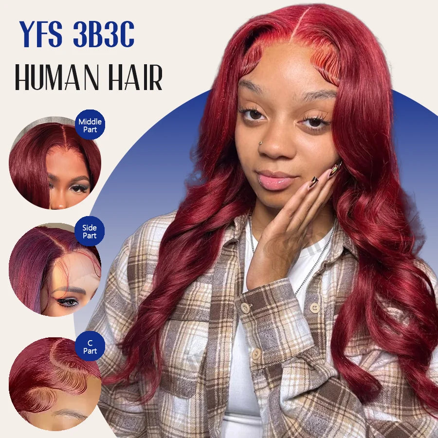 Halloween Wig Long Anime Cosplay Body Wave Wine Red Burgundy 99J Human Hair Wigs 200% Density 40 Inches 13x6 13x4 HD Transparent Lace Frontal Wig Brazilian Hair For Women Pre Plucked