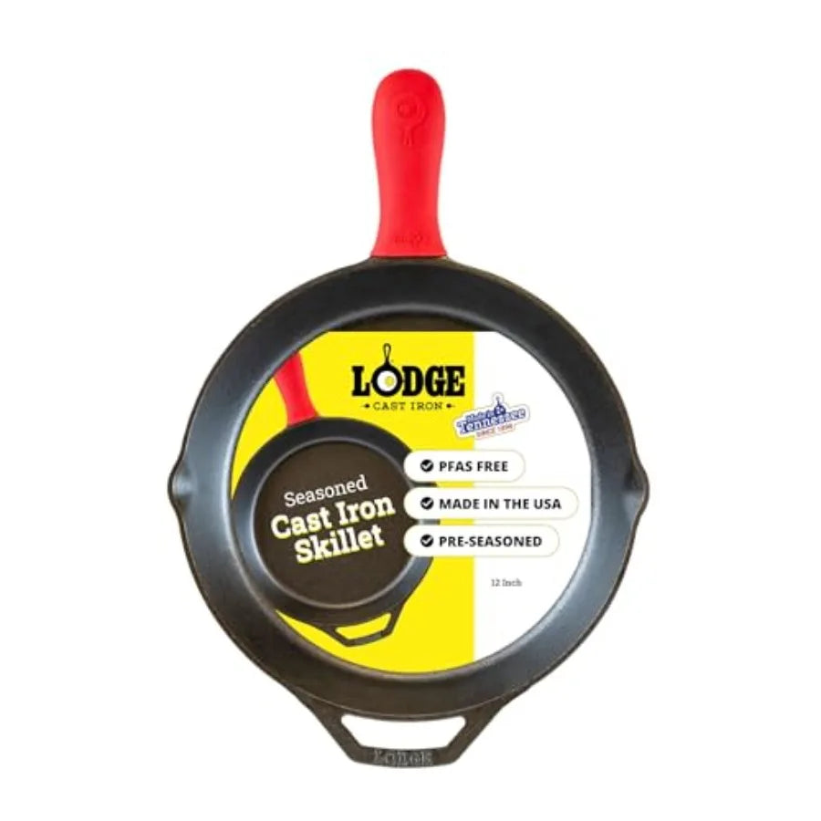 Seasoned Cast Iron Skillet 12 Inches - Quality Frying Pan for the Stove, Oven, Grill and Campfire - Includes Silicone Hot Handl