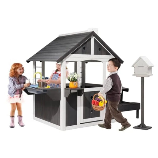 Outdoor Playhouse - Wooden - GrayWhite Cottage with Sink Toys, Picnic Table Set, Mailbox, Flowerpot Holders for Age 3-8 DIY Bac