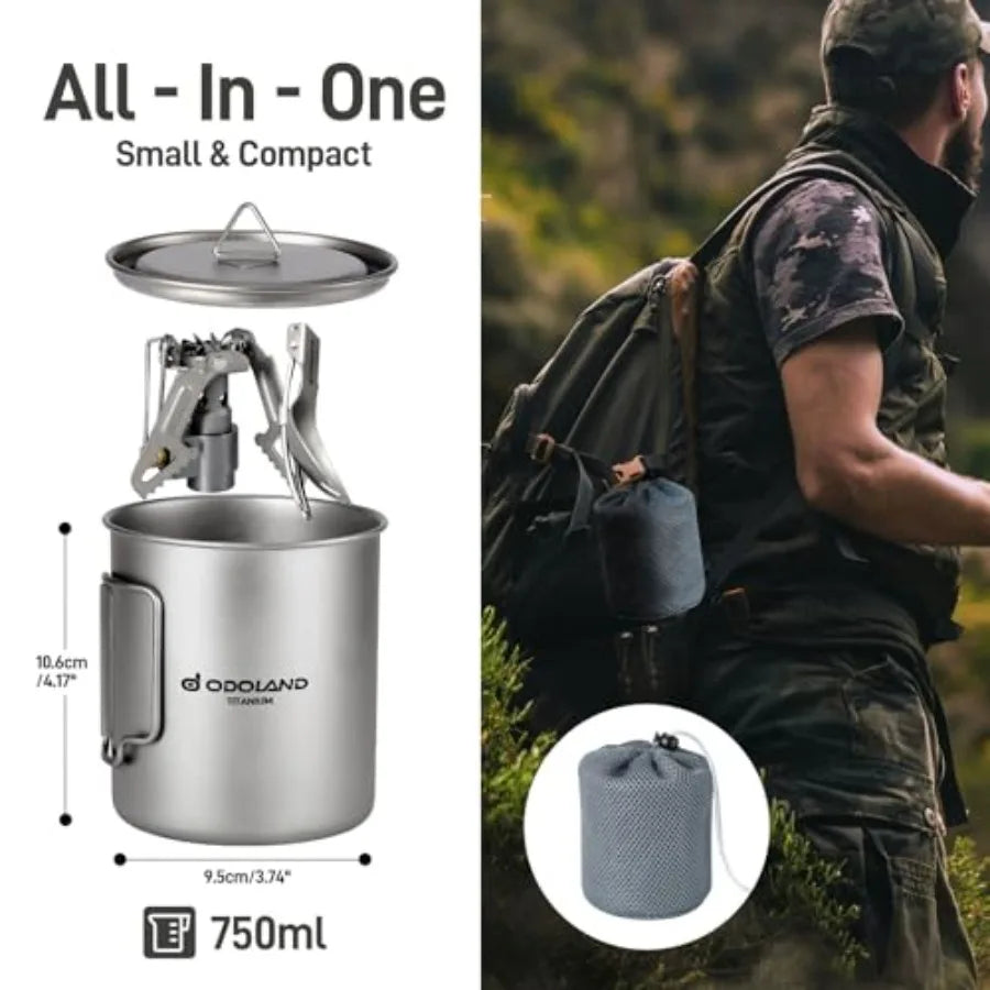 Titanium Camping Cookware 750ML Titanium Pot with Camping Stove and Spork Portable Pot for Backpacking Hiking Traveling and Pic