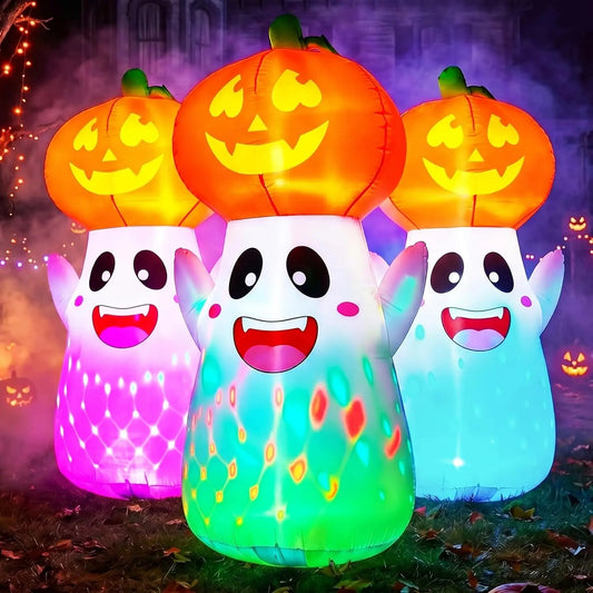 5FT Tall Ghost Pumpkin with 3-Pattern Halloween Inflatable Colorful Rotating Flashing Lights, Cute Halloween Blow Up Ghost Yard Decorations for Lawn Garden Indoor Outdoor Decor