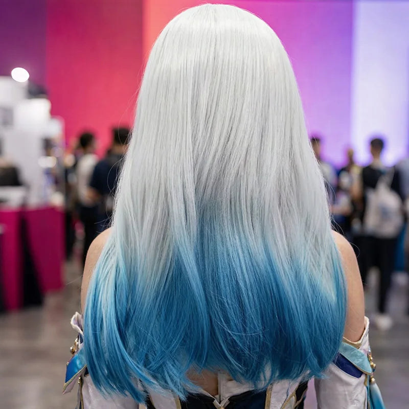 Silver White Blue Gradient Premium Synthetic Fiber Long Straight Wig Ombre Highlights Middle Part Bangs Layered Inner Curl Tips Heat Resistant Adjustable Cap for Women Girls Anime Cosplay Party Halloween Costume Role Play Sta