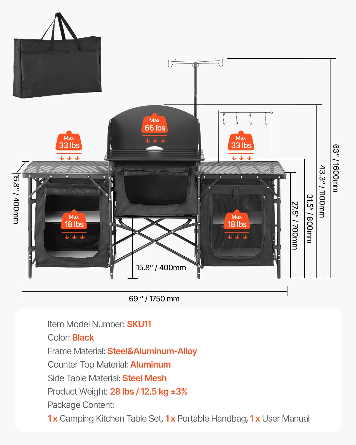 VEVOR Camping Kitchen Table Aluminum Portable Cook Station with 3 Storage Cupboard Carrying Bag Quick Set-up for BBQ Picnic