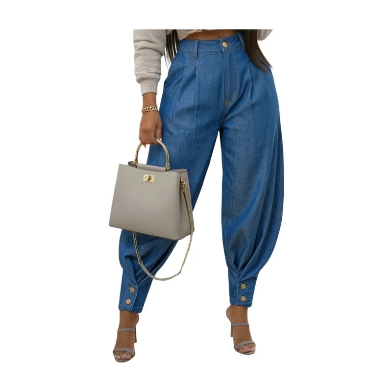 Women High Waist Pleated Harem Pants Button Cuff Ankle Length Loose Trousers For Daily Street Casual Occasion