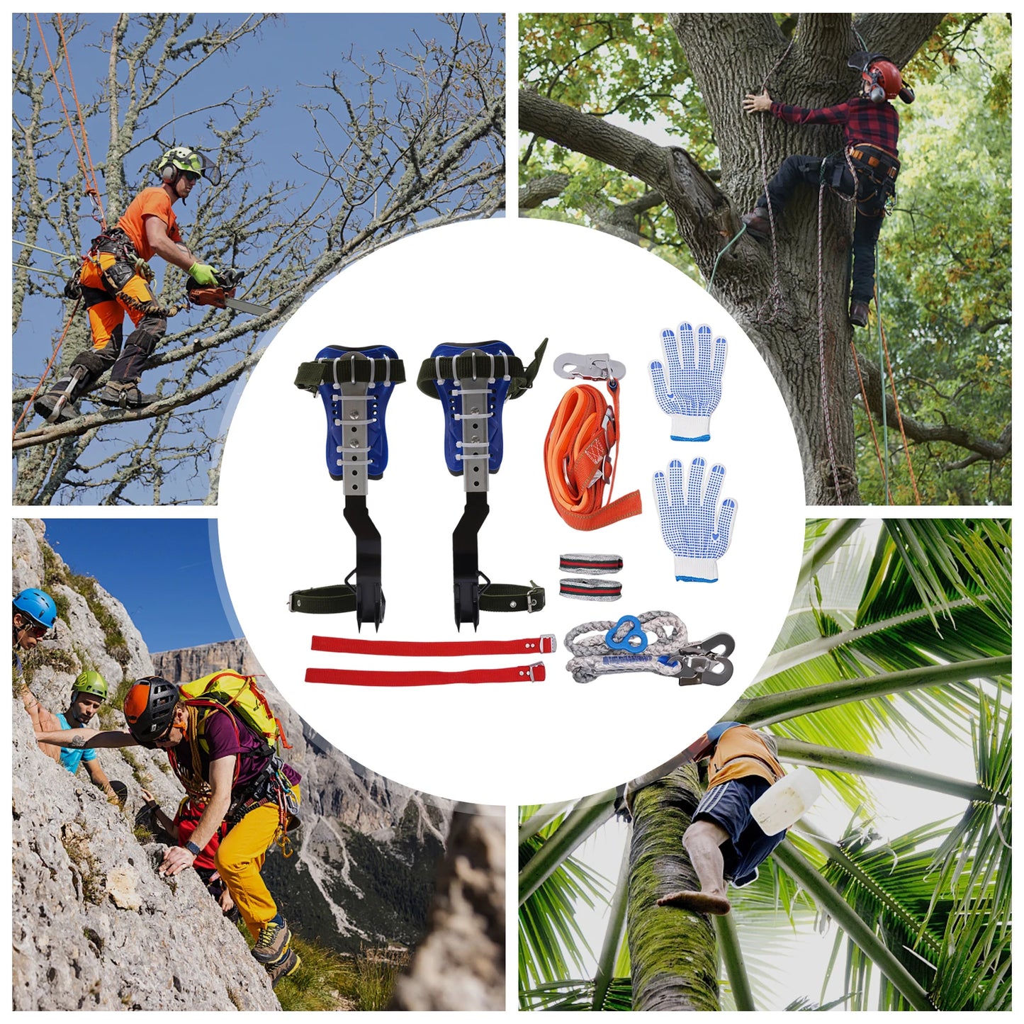 Tree Climbing Spikes Kit w/Safety Harness Gloves Double Teeth Tree Climbing Gear Climber Arborist Aider Tool 150KG Load