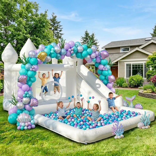 VANCEN 14FT Spire-Top Inflatable Bounce House White with Slide Large Ball Pit Middle Play Zone Portable Bouncy Castle for Kids Birthday/Party
