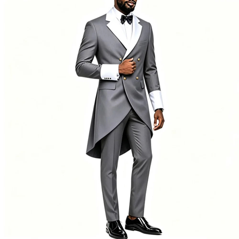 Men Tailcoat Suit 2 Pieces Double Breasted Brown Tuxedo White Contrast Lapel Cuff Groom Wedding Formal Evening Party Jacket Pants