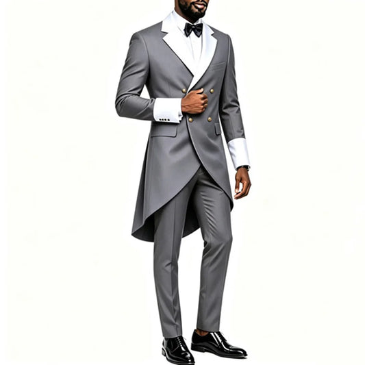 Men Tailcoat Suit 2 Pieces Double Breasted Brown Tuxedo White Contrast Lapel Cuff Groom Wedding Formal Evening Party Jacket Pants