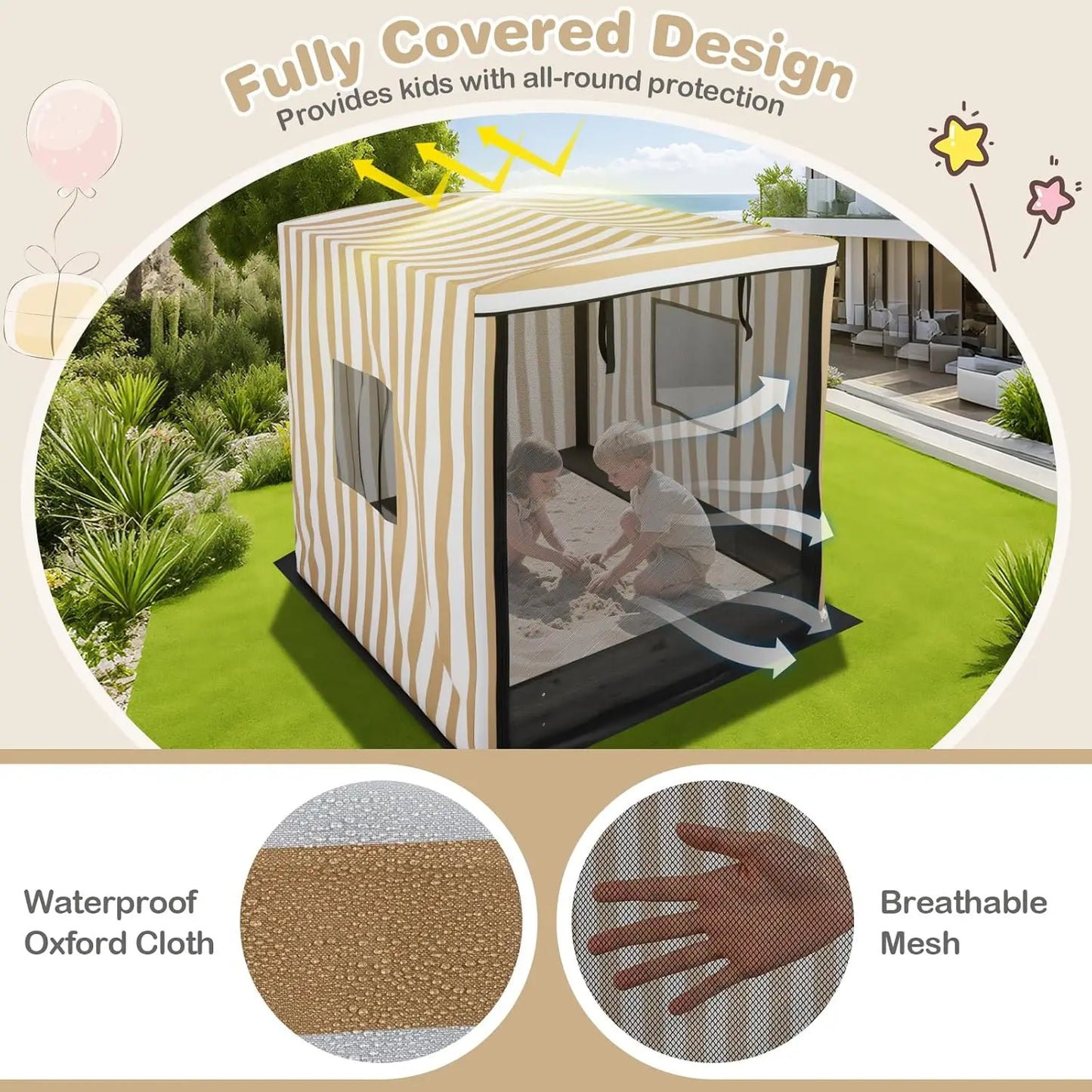 Kids Wooden Sandbox with Canopy, Large Sand Pit w/Mesh Door, Windows, Bench Seats, Foldable Storage Box & Bottom, Customized