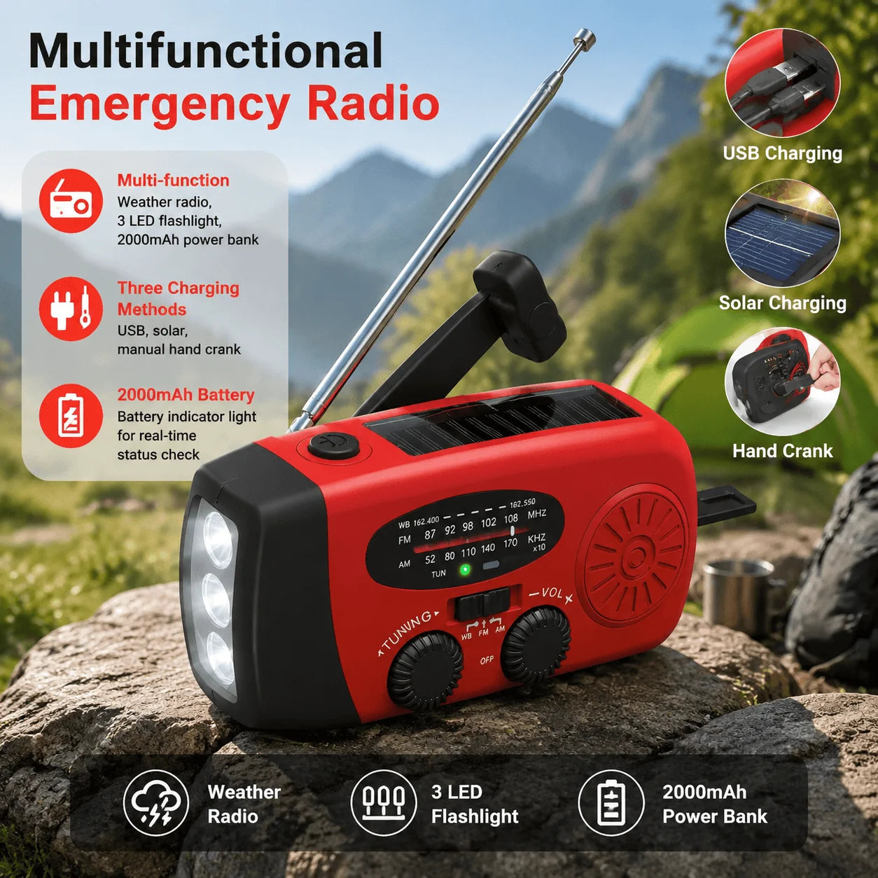 Portable Solar Hand Crank Emergency Radio 2000mAh Power Bank FM AM NOAA Weather Alert LED Flashlight Survival Kit Hurricane Supplies Emergency Preparedness for Home Blackout Severe Weather Camping Outdoor