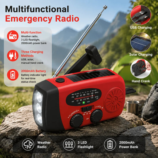 Portable Solar Hand Crank Emergency Radio 2000mAh Power Bank FM AM NOAA Weather Alert LED Flashlight Survival Kit Hurricane Supplies Emergency Preparedness for Home Blackout Severe Weather Camping Outdoor