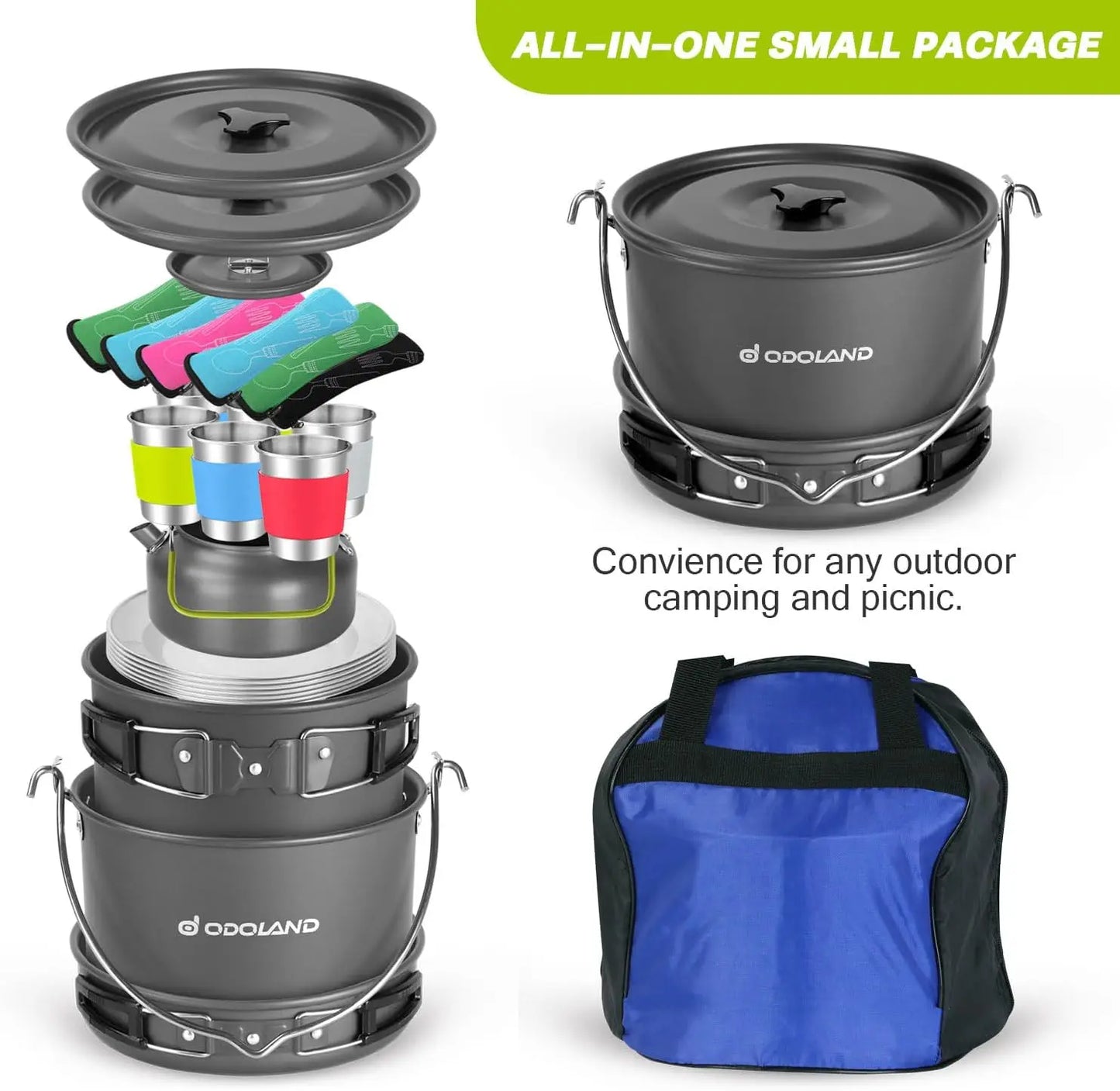 39pcs Large Size Non-Stick Camping Cookware Set with Hanging Pot Pan Kettle Base Outdoor Cooking Cutlery Included