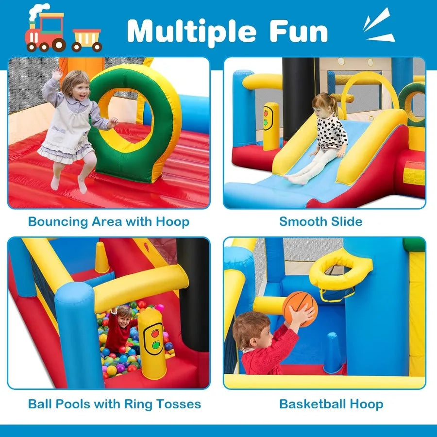 Inflatable Bounce House Train Theme Jumping Castle with Slide Ball Pit Basketball Rim for Indoor Outdoor Use Fun and Safe Inflatable