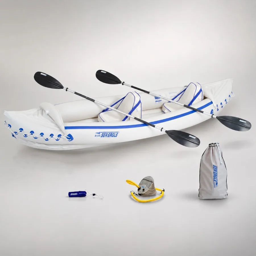 Inflatable Sport Kayak For 3 People, Durable PVC Material, Blue And Gray Color, Includes Paddles, Deluxe Seats, Pump, And Carry