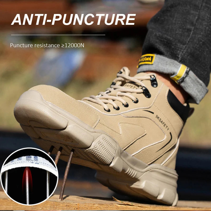 Men's & Women's Brown High-top PU Water Repellent Lightweight Anti-smash Anti-puncture Comfortable Wear Resistant Industrial Construction Work Safety Boots