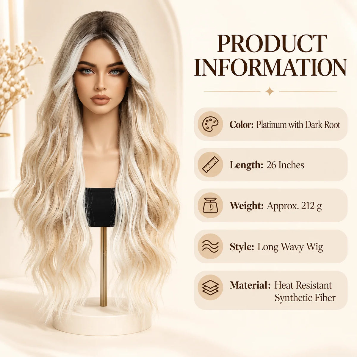 Halloween TopsShe 26 Inch Long Wavy Synthetic Wig Platinum Blonde with Dark Root, Heat Resistant Natural Looking Ombre Blonde Wigs for Women Cosplay Costume Party Daily Wear, Full Flowing Soft Wave Hair Styling Glamour Fashio