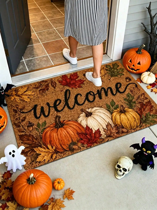 1pc Fall Pumpkin And Maple Leaf Welcome Pattern Rugs/Door Mat, Nonslip Comfortable, Easy To Clean, Ideal For Entryway Bedroom Living Room, Fall Decor, Halloween