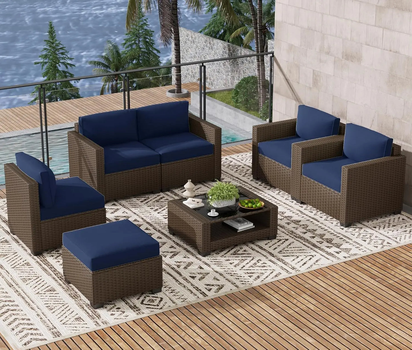 7pc Outdoor Patio Furniture Set Rattan Wicker Sectional Sofa Chairs Glass Table Cushions Brown Customized