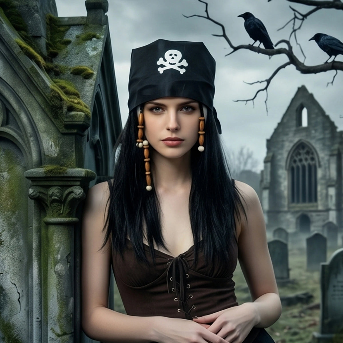 Women Halloween Pirate Print-Bandana-Straight With-Skull-Print Headpiece Party Accessories Wig Straight Straight Cosplay