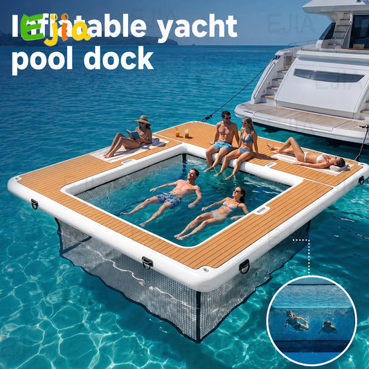 13ft x 10ft Inflatable Dock with Sea Pool, Jellyfish & Sea Critter Safety, Floating Platform Swimming Pool Dock  for Yacht/Boat/Sea/Lake Water Activities