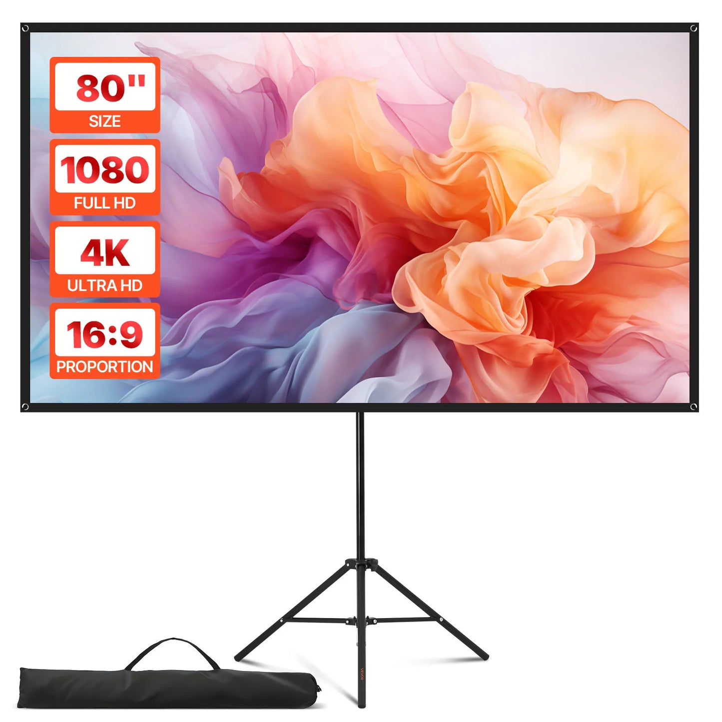 SucceBuy Projector Screen with Stand 80 Inch 160° Wide Angle Indoor Outdoor Projection Screen 16:9 4K HD Wrinkleless Portable Tripod Screens with Carry Bag for Movie Home Theater Office Presentation