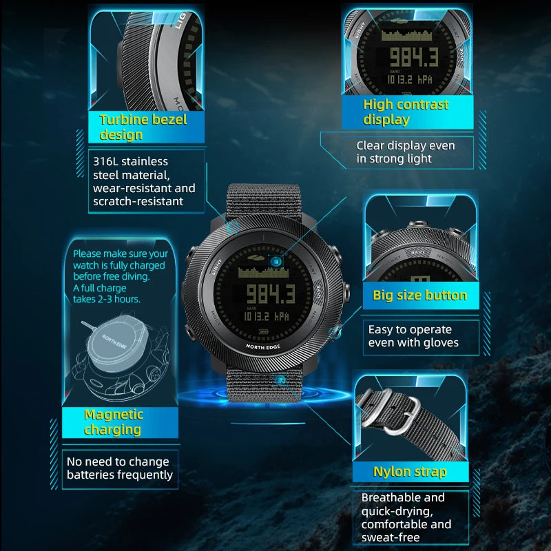 NORTH EDG APACHE-D Men's Digital Free Dive Watch Outdoor Sport Watches Carbon Fiber Case Altitude Barometer Compass World Time Waterproof 100M