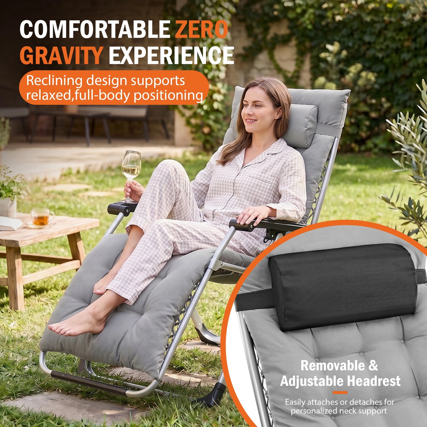 JHK Zero Gravity Reclining Camping Lounge Chair for Outdoor Soft Cushion Patio Chairs with Cup Holder Trays and Removable Cushion Folding Recliner for Indoor