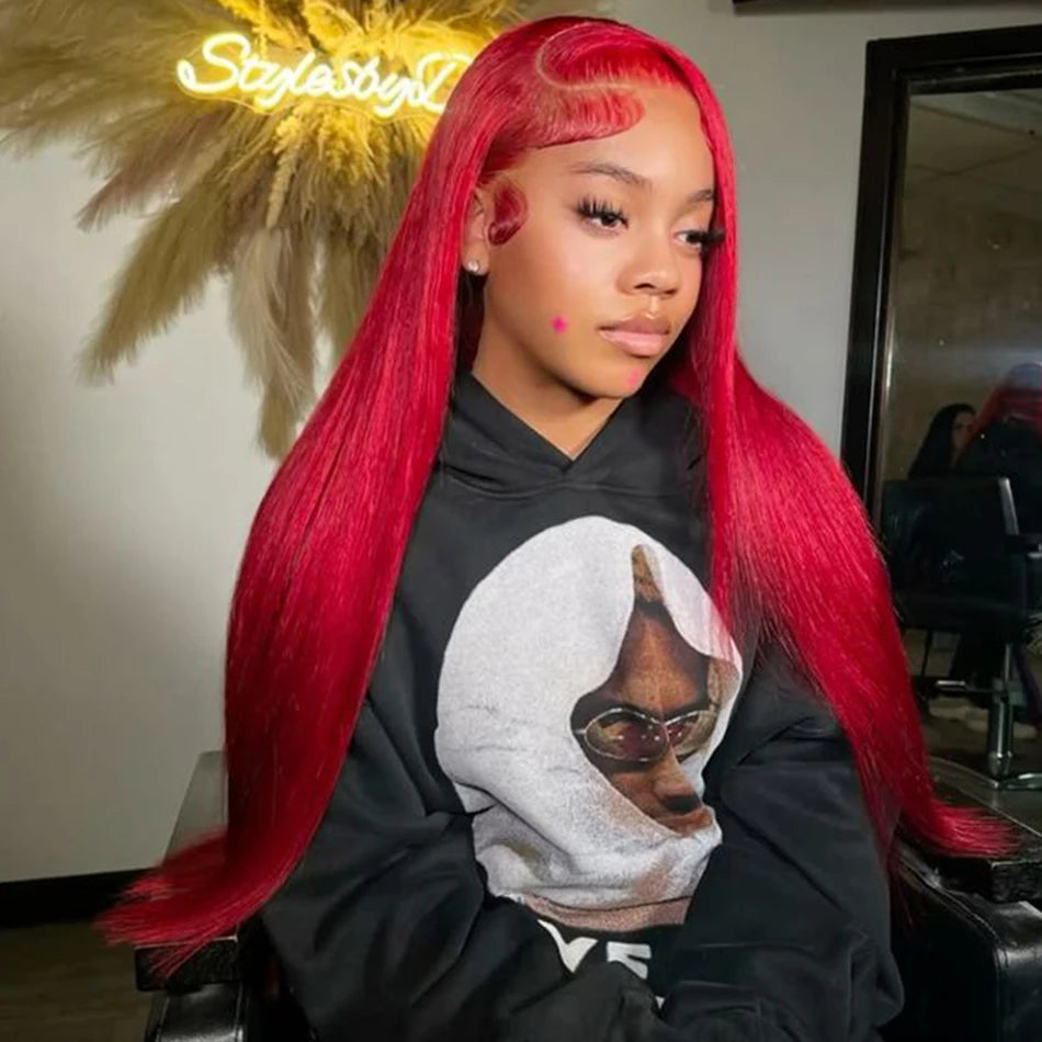 Hot Red 13x6 HD Lace Frontal Human Hair Wigs Malaysian Colored  Human hair Wigs Straight Lace Frontal Wig Bright Red Transparent Lace Wigs For Women